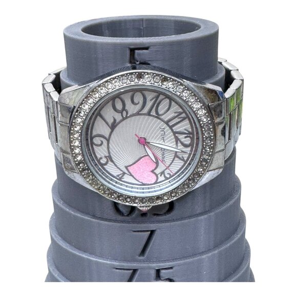 Betsey Johnson Womens Silver Toned Link Band Analog Watch Pink Heart Rhinestones - Picture 6 of 8